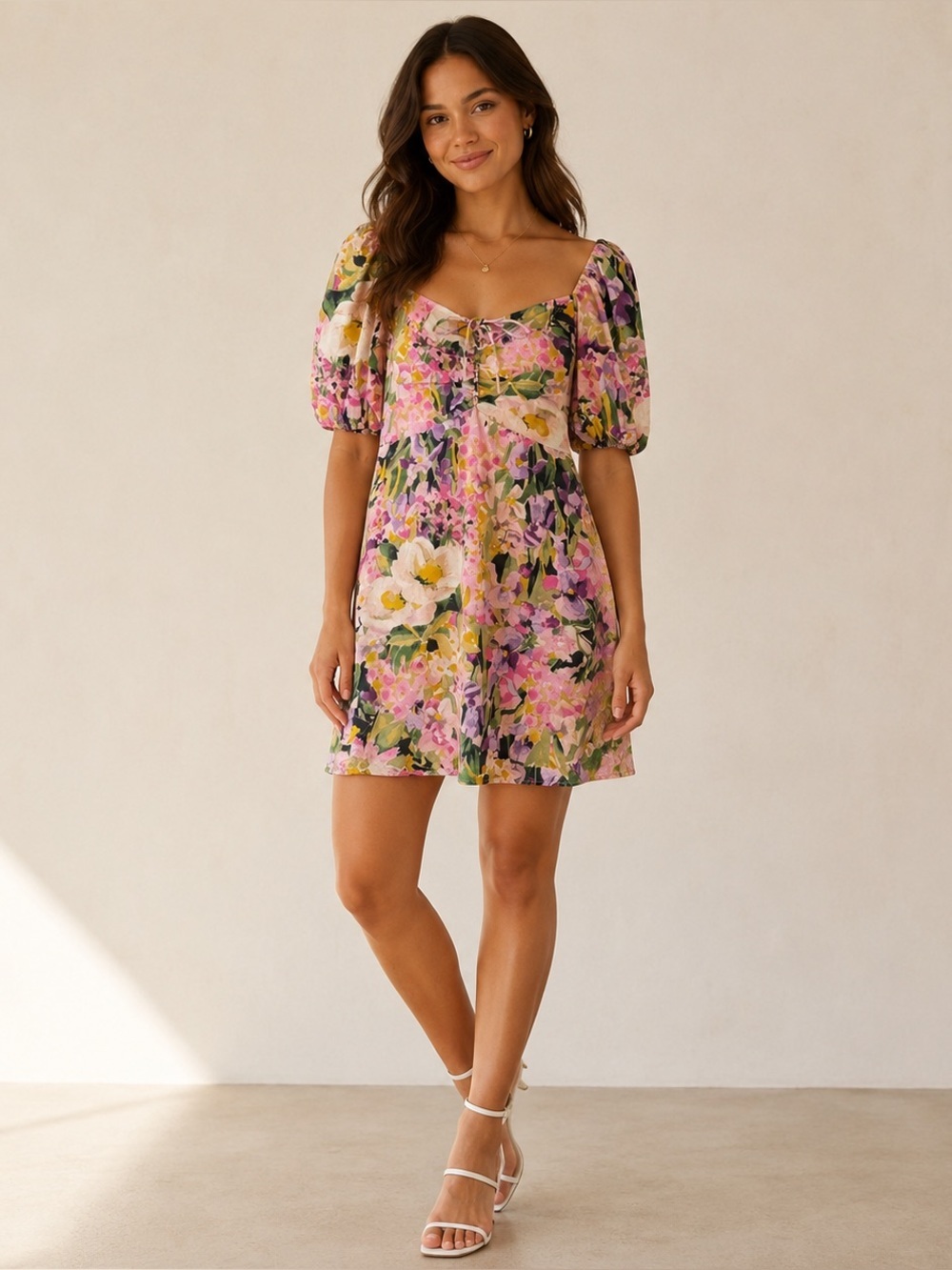 H&M Floral Puff Sleeve Babydoll Mini Dress Size Small Milkmaid Romantic Coquette
